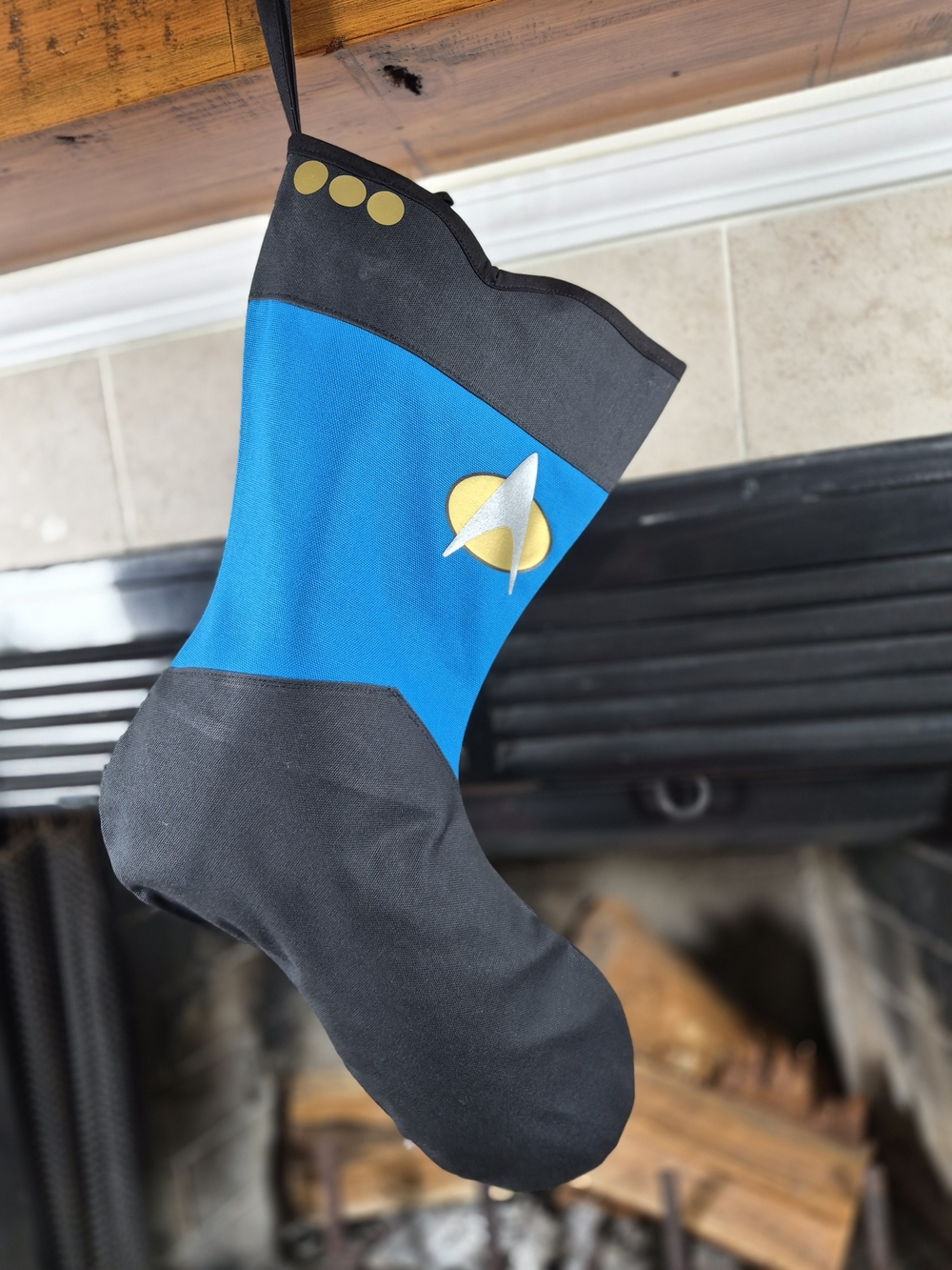 Sci‑Fi Blue & Black Holiday Stocking with Starfleet Delta Emblem